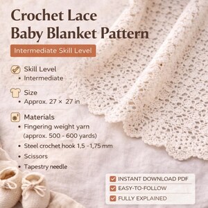 Crochet Baby Blanket Lace Square Pattern, Heirloom Crochet Throw, English German Tutorial image 4