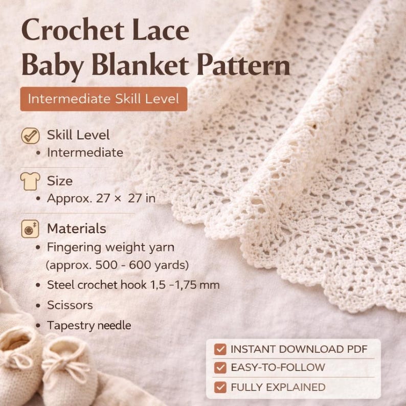 Crochet Baby Blanket Lace Square Pattern, Heirloom Crochet Throw, English German Tutorial image 4