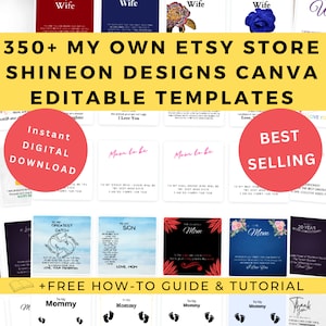Pacote de modelos de cartão de mensagem Shineon, colar personalizado Shineon Designs Canva Joias editáveis Impressão sob demanda POD Uso comercial e pessoal