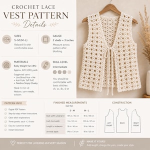 May include: A digital PDF crochet lace vest pattern featuring a cream-colored sleeveless vest with a diamond-shaped openwork design and a front tie closure. The image includes technical details, yarn requirements, skill level, and finished measurements.