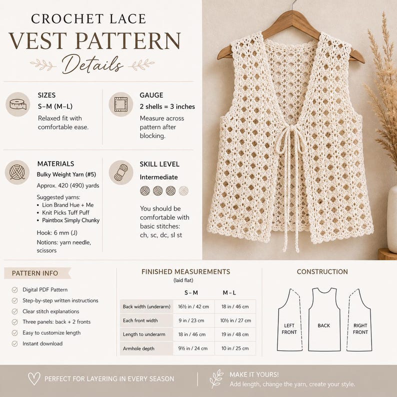 May include: A digital PDF crochet lace vest pattern featuring a cream-colored sleeveless vest with a diamond-shaped openwork design and a front tie closure. The image includes technical details, yarn requirements, skill level, and finished measurements.