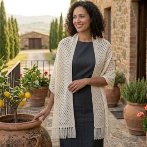 Patrón de chal de punto, estola tipo chal de los años 50 con flecos, bufanda retro. Patrón inglés-alemán.