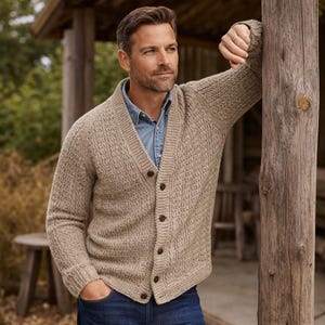 Men’s Raglan Cardigan Knitting Classic Button Front Sweater Pattern, English German