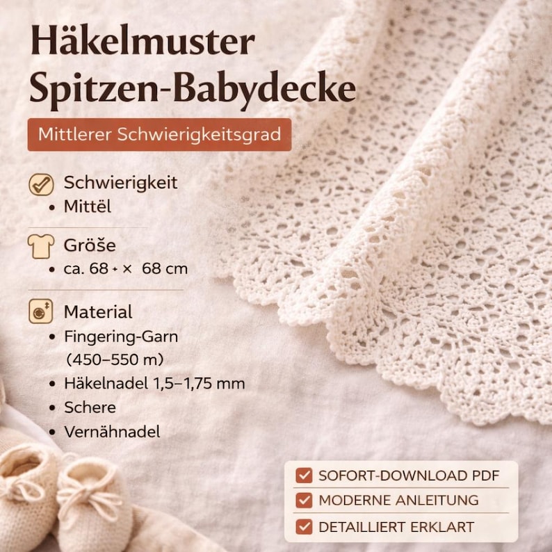 Crochet Baby Blanket Lace Square Pattern, Heirloom Crochet Throw, English German Tutorial image 6