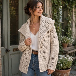 Puede incluir: Un cárdigan de ganchillo en color beige con un cuello chal ancho, mangas largas y diseño abierto en la parte delantera. La prenda se lleva sobre una camiseta blanca con ribete de encaje y vaqueros azules, junto a un cinturón de cuero marrón.