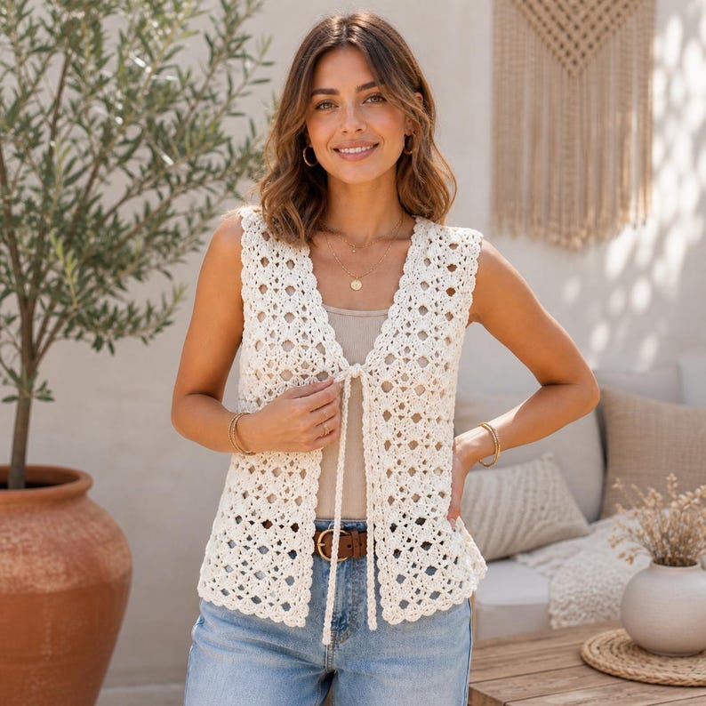 May include: A sleeveless, off-white crochet vest featuring an intricate openwork pattern, a V-neckline, and a thin tie closure at the center front. The garment is worn over a plain beige top and paired with light blue denim jeans with a brown belt.
