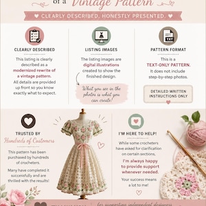 May include: An informational graphic titled Modernized Rewrite of a Vintage Pattern. It features icons for description, listing images, and text-only format. A central illustration shows a cream-colored crochet dress with pink floral accents.