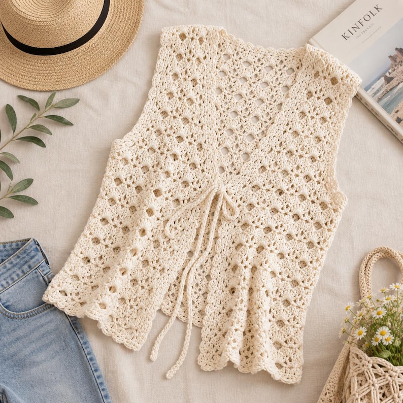 May include: A sleeveless cream-colored crochet vest featuring an intricate openwork pattern and a delicate tie-front closure. The garment is constructed with a scalloped hemline and a V-neckline, showcasing a detailed, textured knit design throughout.