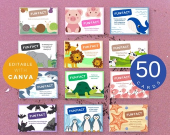 50 Animal Lunch Box Facts Cards For School Kids And Children, Lunch Bag Notes Bundle, Lunch Time Educational Fun Editable Printable Cards