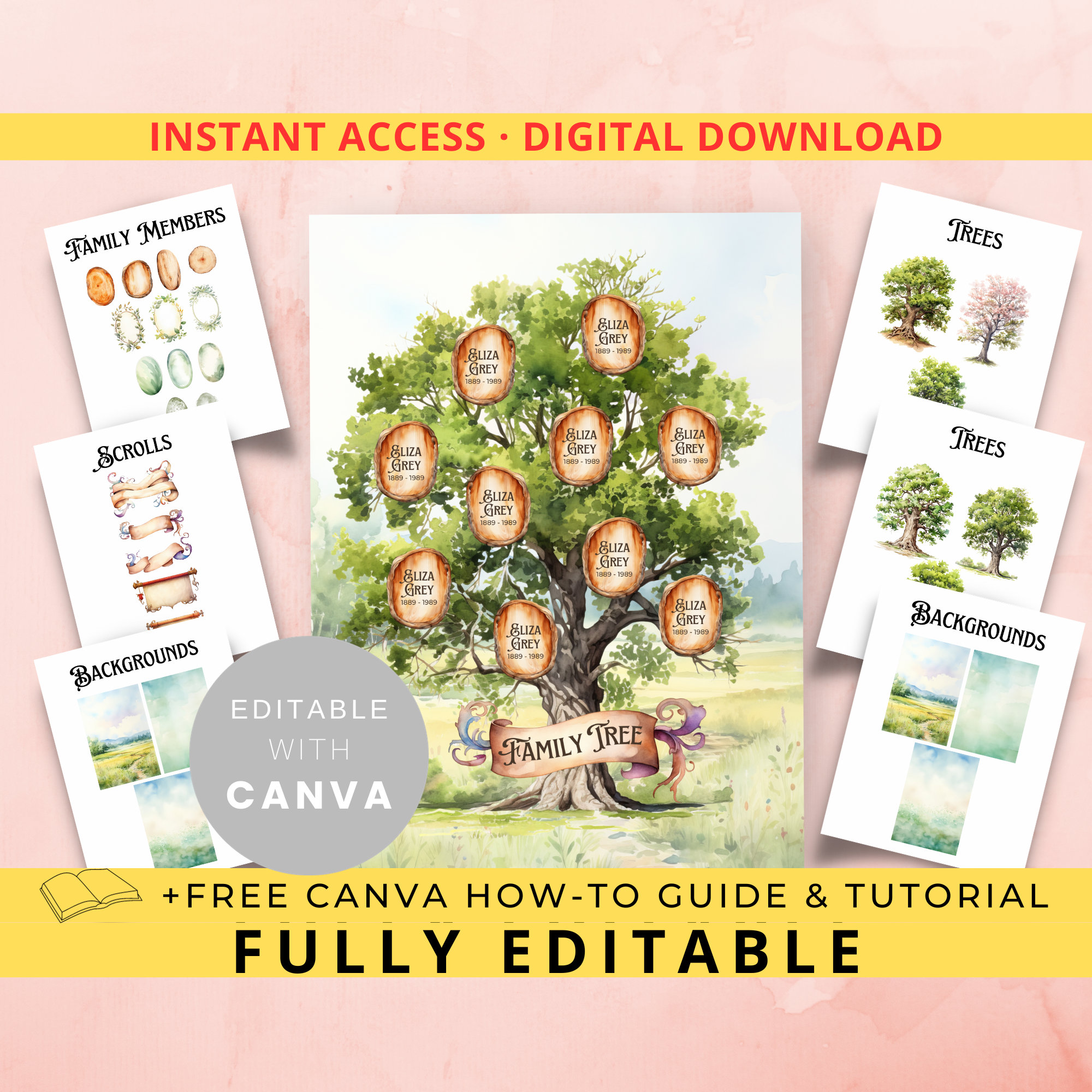 Family Tree Template for 10 Generations. Old Branched Leafy Carri Genealogy  Family Tree. Family Tree Chart Template. Printable Fast Edit 