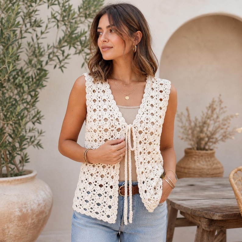 May include: A sleeveless, off-white crochet vest featuring an intricate diamond-shaped openwork pattern. The garment has a V-neckline and is secured at the front with two long, matching crochet ties that hang down from the center of the bodice.