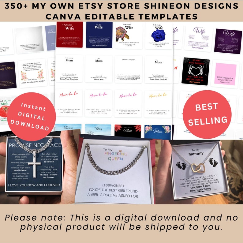 Shineon Message Card Template Bundle, Custom Necklace Shineon Designs Canva Editable Jewelry Print On Demand POD Business Personal Use image 1