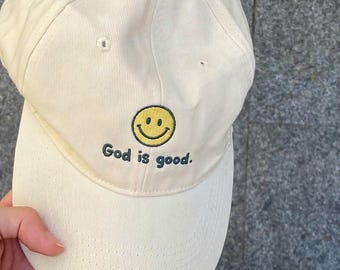 God Is Good Hat, Smiley Face Embroidered Cream Dad Hat, Cute Retro Christian Faith Baseball Cap, Trendy Aesthetic Religious Gift