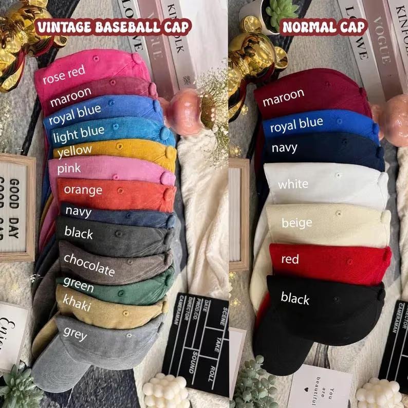 May include: A collection of baseball caps displayed in two vertical stacks. The left stack labeled VINTAGE BASEBALL CAP includes colors rose red, maroon, royal blue, light blue, yellow, pink, orange, navy, black, chocolate, green, khaki, and grey.