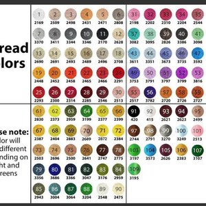 May include: A comprehensive color chart displaying numerous circular thread samples, each labeled with a unique number and corresponding code. The text Thread colors and Please note: Color will look different depending on light and screens is visible.