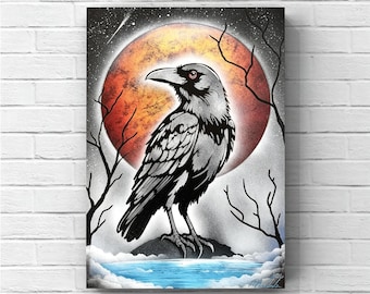Raven Blood Moon Spray Paint Art, Crow Wall Art, Gothic Wall Decor, Dark Fantasy Painting, Spooky Bird Art, Original Hand Painted Poster