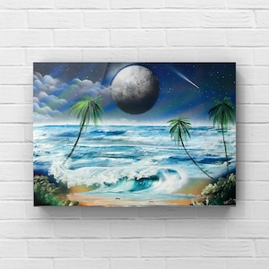 Ocean inspired,A Midsummer Night&#39;s Dream Spray Paint Art Beach under moon, Palm Trees, and Shooting Stars, Gift for Beach Lovers, Wall Decor