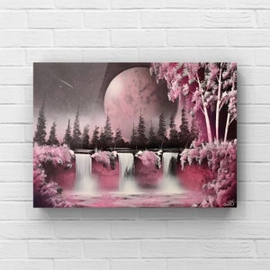 Original Pink Moon Spray Paint Art: Fremont Street Waterfall Landscape