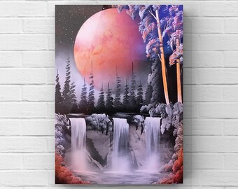 May include: A digital painting of a waterfall in a forest with a large, orange moon in the sky. The trees are silhouetted against the moon, and the waterfall is flowing over rocks.