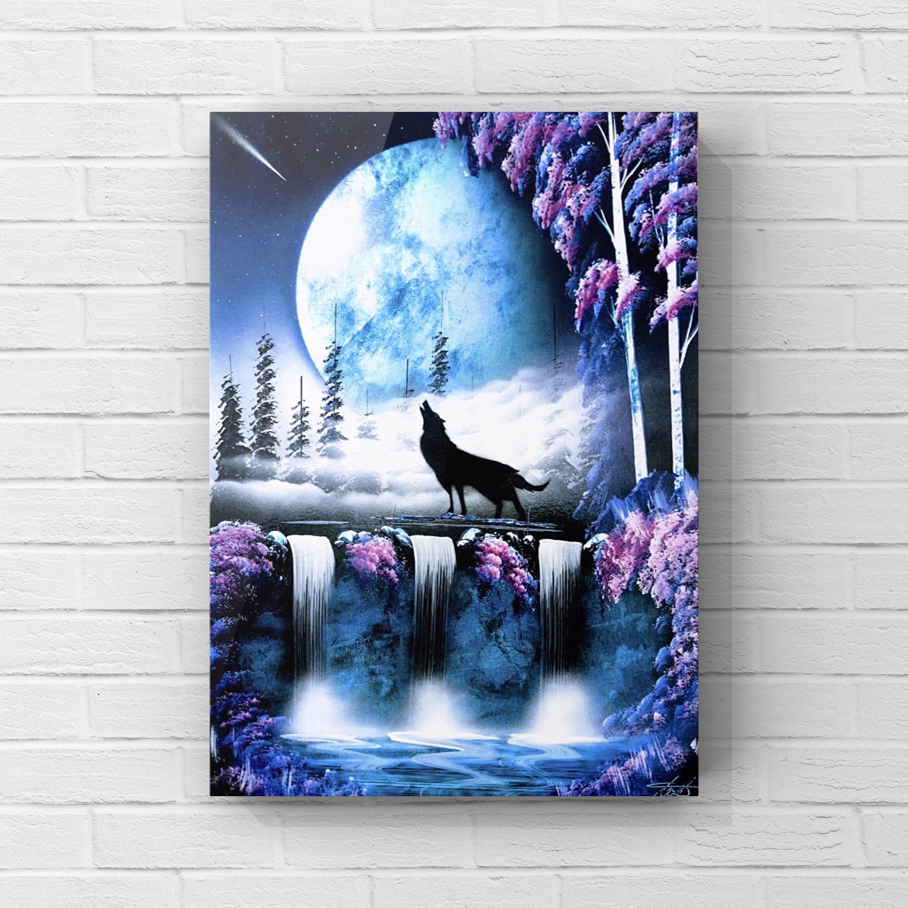 moon wolf ハンドメイドパステル画　絵画アート原画 Wolf Howling At The Moon, デジタルアーツ Gerry Martinez