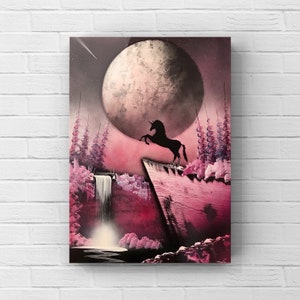 Pink unicorn, spray paint art,  mystical moon and waterfall, nature art, wall decor, gifts for her, gifts for daughter, gifts for mom
