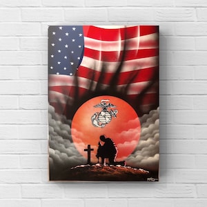 USMC. fallen soldier cross and boots spray paint Art American flag