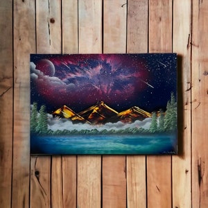 Galaxy Mountain View Spray Paint Art: Original Landscape Decor (19x13”)