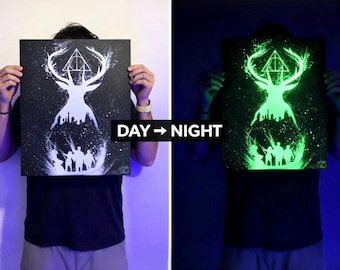 Glow in the Dark Stag Patronus Spray Paint Art, Deathly Hallows Wall Decor, Wizard Fantasy Painting, Magical Blacklight Poster