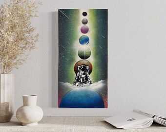 Original Space Odyssey Spray Paint Art - 10x20 Inches - Featuring an Astronaut, Planets, and Cosmic Elements-  For Astronomy Enthusiasts