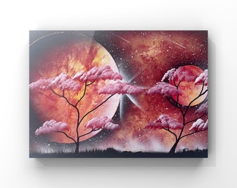 May include: A digital painting of a red and orange galaxy with two pink trees in the foreground. The trees have pink blossoms and are silhouetted against the galaxy. The galaxy has a swirling pattern of red, orange, and yellow.