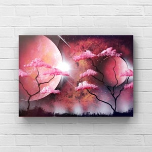Tree of life wall art, cherry blossom art, pink moon,  spray painting, office decor, Street art work, gifts for her, therapist gift