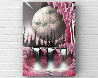 May include: A digital painting of a moonlit waterfall in a pink forest. The moon is large and full, with a cratered surface. The waterfall flows over a rocky ledge and into a pool of water. The trees are tall and slender, with pink leaves. The sky is dark and starry.