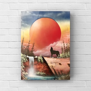 Wolf howling at the red moon, spray paint art, home decor, mysterious art, gift for friends, gifts for family, house warming gifts