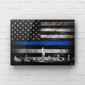 Thin blue line flag spray paint art, police artwork