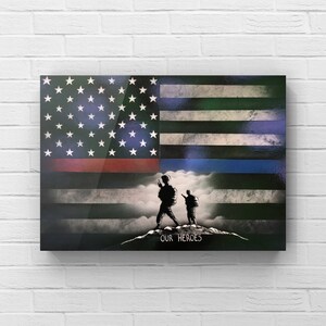 American flag with soldiers spray paint art, police, thin blue line, firefighter