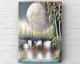 May include: A digital painting of a moonlit forest scene with a waterfall. The moon is large and white, and the trees are dark green. The waterfall is white and flowing over rocks. The painting is done in a realistic style.