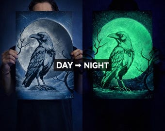 Glow in Dark Raven Painting – 13x19 Spray Paint Nature Wall Art