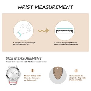 Op de afbeelding: Diagram dat laat zien hoe je je pols en de grootte van de lugs van een horloge meet. Het diagram toont een touw dat om een pols wordt gewikkeld en vervolgens met een liniaal wordt gemeten. Het tweede deel van het diagram toont een horlogewijzerplaat met de tekst "lugs width" en een horlogeband met de tekst "20" erop.