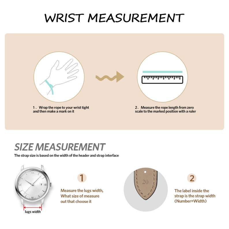 Op de afbeelding: Diagram dat laat zien hoe je je pols en de grootte van de lugs van een horloge meet. Het diagram toont een touw dat om een pols wordt gewikkeld en vervolgens met een liniaal wordt gemeten. Het tweede deel van het diagram toont een horlogewijzerplaat met de tekst "lugs width" en een horlogeband met de tekst "20" erop.
