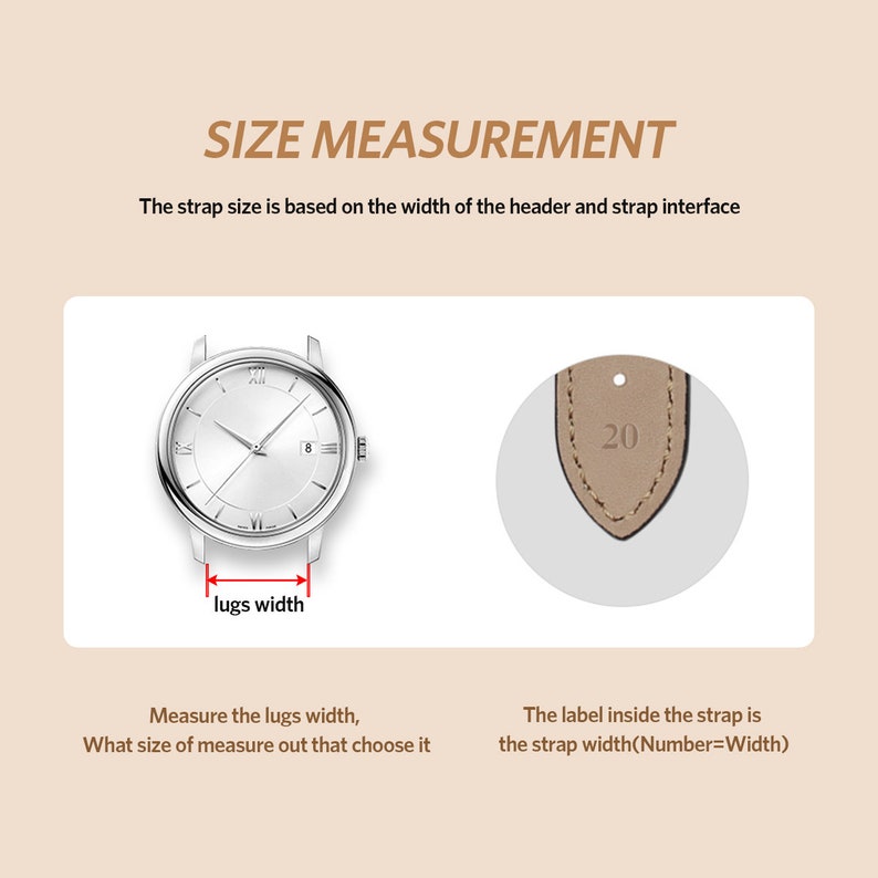 Op de afbeelding: Diagram met uitleg over het meten van de horlogebandmaat. Een zilveren horloge met een witte wijzerplaat en zwarte wijzers wordt getoond met rode pijlen die de "lugbreedte" aangeven. Tekst legt uit hoe je de lugs en de bandbreedte meet, met een bandmonster met "20".