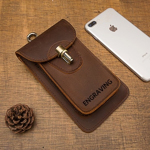 Funda de cuero para teléfono, riñonera para hombre, funda para teléfono, riñonera de cuero para celular, regalo para él (marrón oscuro)