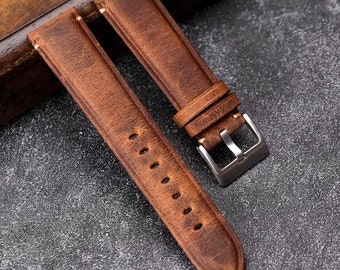 Italy Calf Leather Strap,Brown Leather Watch Band,Leather Strap for Him,Hand Stitched Leather Mens Watch Band-19/20/22MM