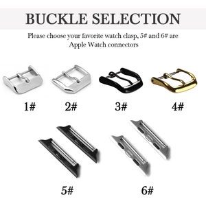 Op de afbeelding: Afbeelding met een selectie van horlogesluitingen en Apple Watch-connectoren. De sluitingen zijn in zilver, zwart en goud, genummerd van 1# tot 4#. Connectoren 5# en 6# worden ook getoond. Tekst: "BUCKLE SELECTION".