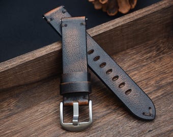 Bracelet en cuir patiné vintage à dégagement rapide | Finition huilée à la main pour le personnage | 20 mm 22 mm 24 mm | Cadeau pour les amateurs de montres
