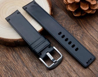 Customizable Handmade Watch Band-18/19/20/22mm | Leather Strap with Quick Release | Black Watch Strap | Gift for Husband