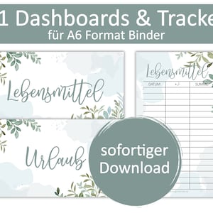 Könnte beinhalten: Ein Set druckbarer A6-Dashboards und Tracker mit Aquarellhintergrund und grünem Laub. Die Dashboards sind mit "Lebensmittel" und "Urlaub" betitelt. Der Text "sofortiger Download" ist ebenfalls enthalten.