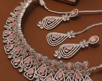 Silver & rose Gold  Necklace Jewelry Necklace Bollywood Jewelry / Pink Diamond Silver Choker Necklace