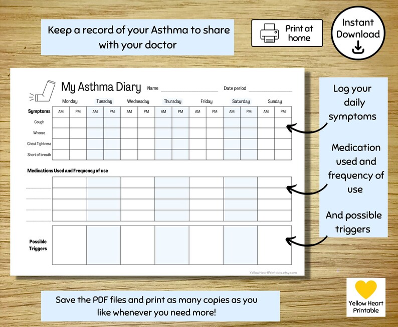 Printable Asthma Diary / Tracker, Download & Print at Home Handy