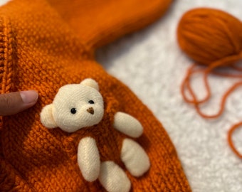 Teddy Bear Baby Cardigan, Handmade Baby Sweater, Gift For Baby, Orange Baby Cardigan Sweater, Knitted Baby, Baby Shower, Knitting Sweater