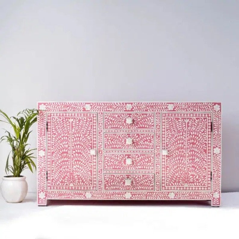 Bone Inlay Pink Floral 4 Drawers Sideboard Handmade Bone Inlay Buffet ...